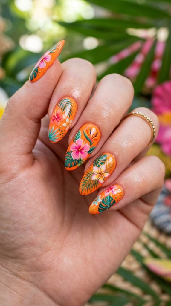 Neon Orange Tropical Flower Nails Art