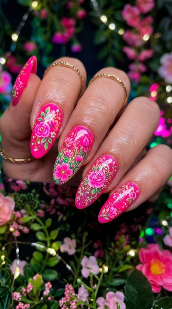 Neon Pink Floral Garden Nails Art