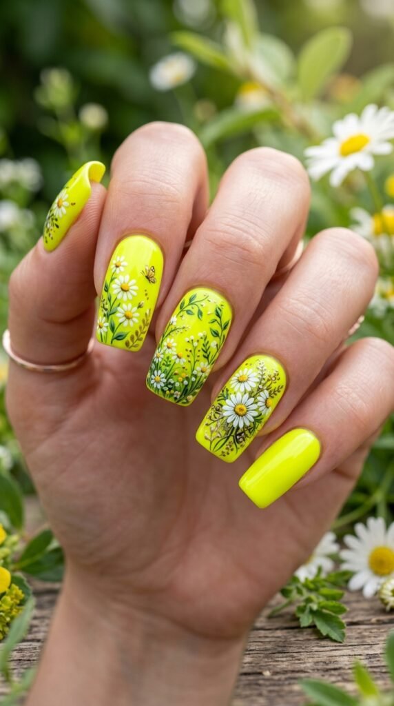 Neon Yellow Daisy Garden Nails Art