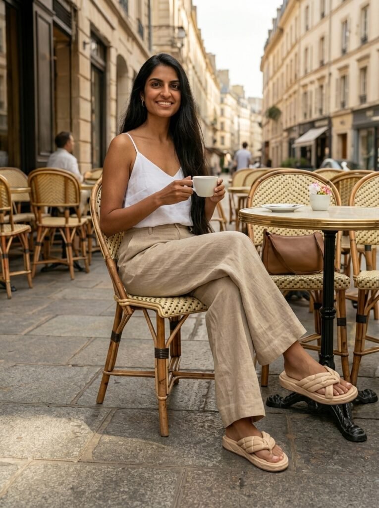 1. Neutral Puffy Flip Flops With Linen Trousers