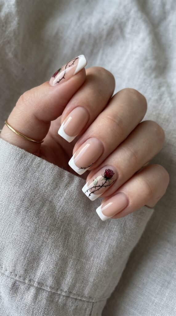 Nude Thorny Rose French Tips Nail Art