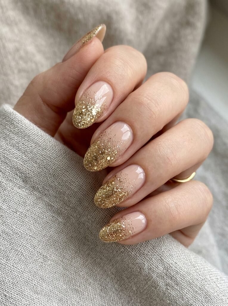 Nude to Gold Glitter Fade Nails