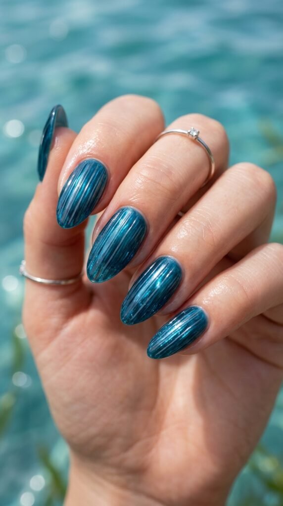 Ocean Blue Ribbed Glass Nails Art