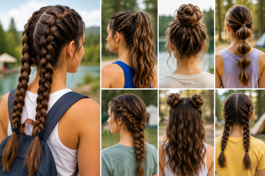 Outdoor camp hairstyles inspiration collage