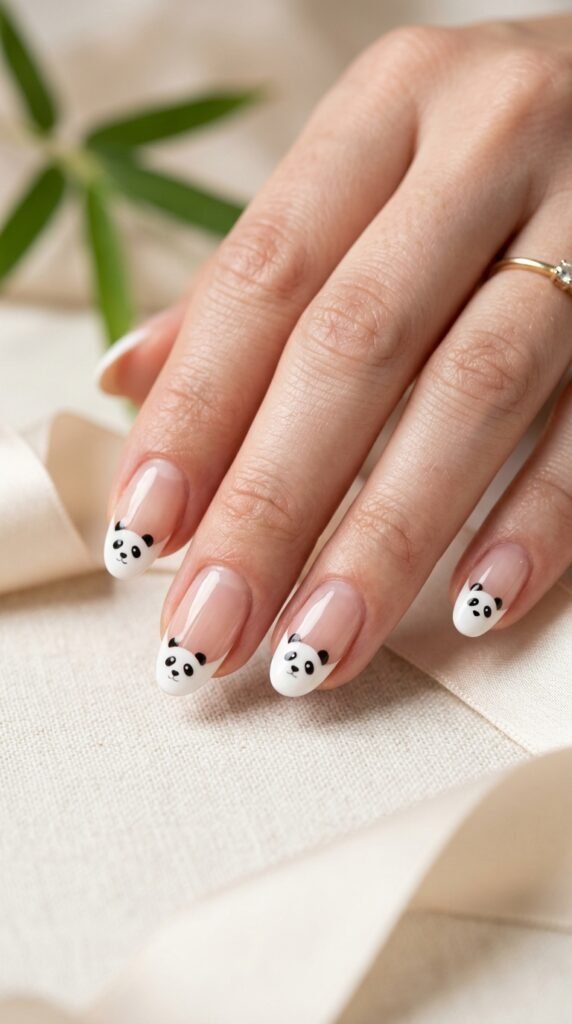 Panda Face French Tip Nails Art