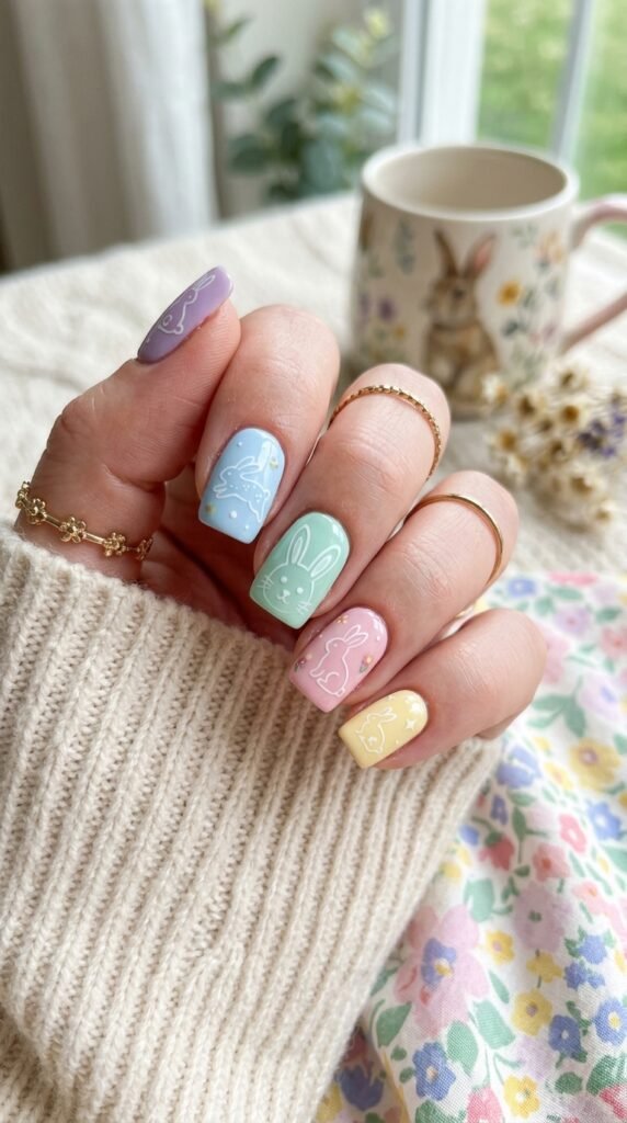 Pastel Bunny Outline Nails Art