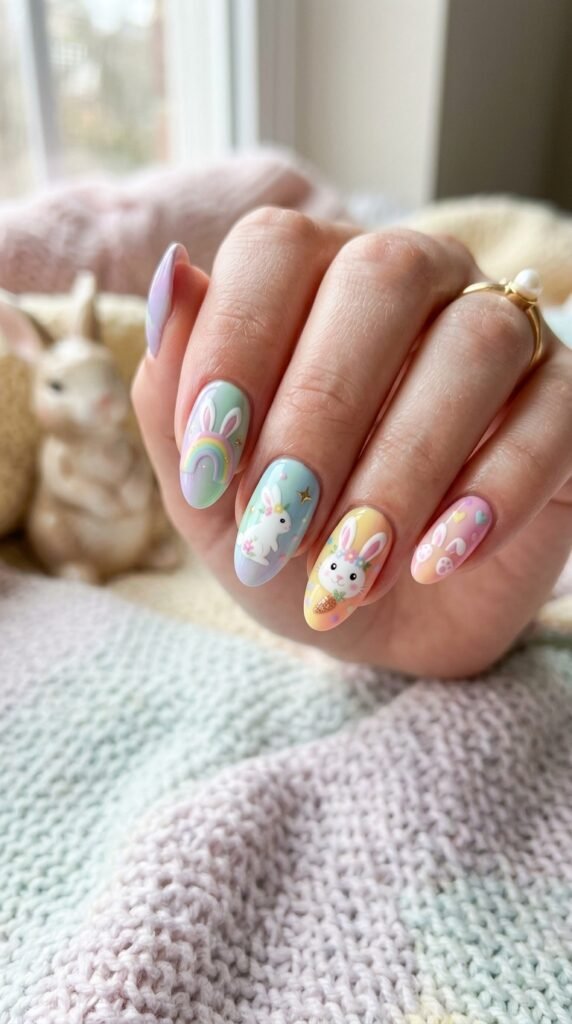 Pastel Rainbow Bunny Nails Art
