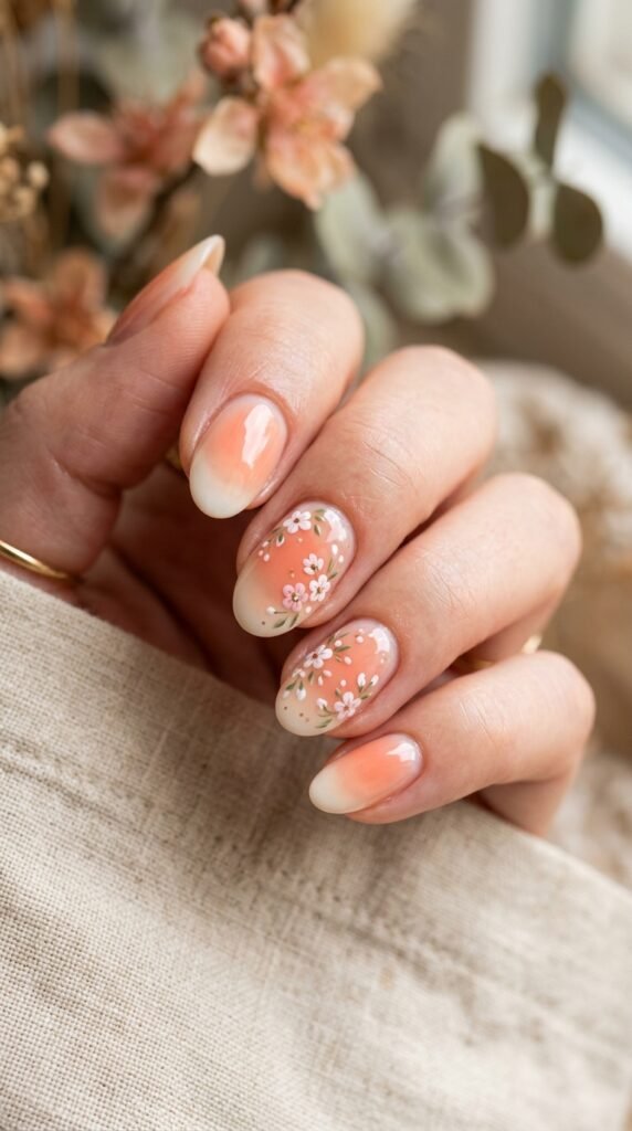Peach Aura Nails with Tiny Flowers Nail Art