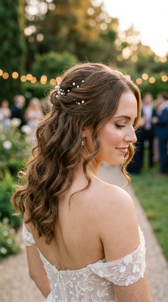 Pearl Accent Half Up Bridal Glow Hairstyle