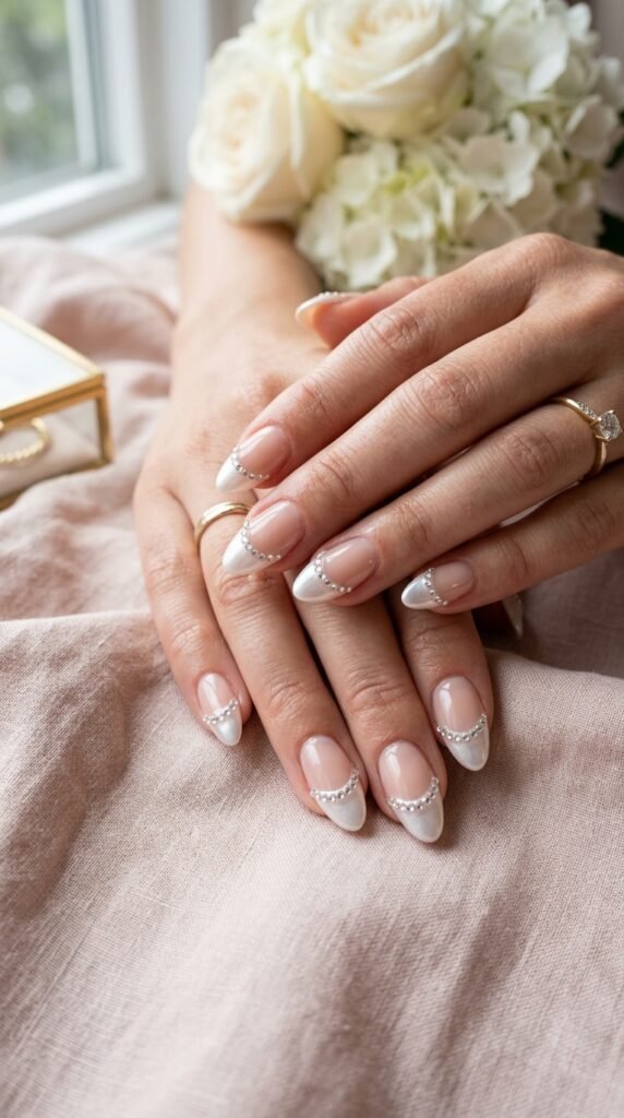 Pearl French Tips With Tiny Gems Nail Art