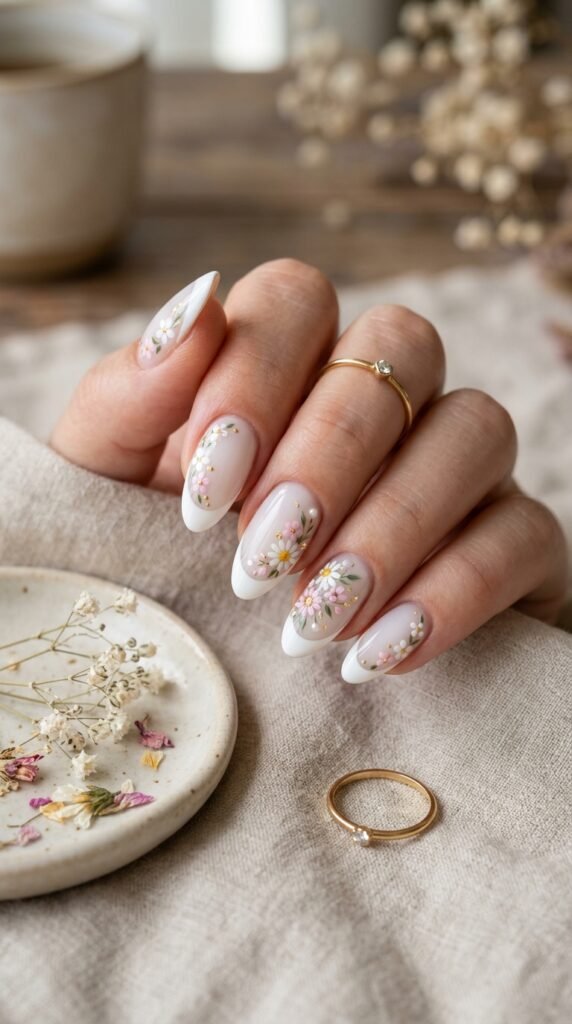 Pink Milky Pearl Flower Nails Art