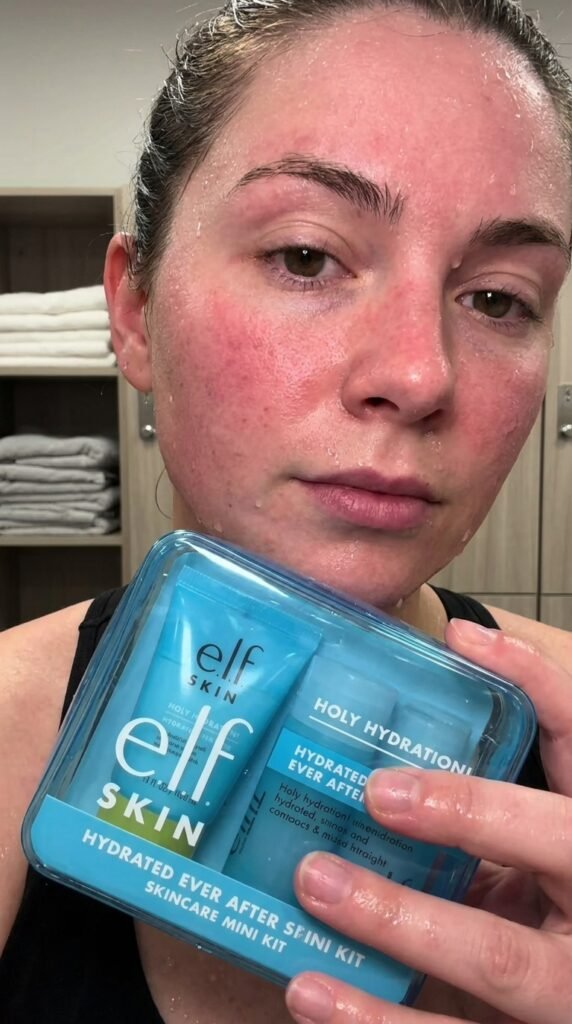Post-Workout-Skin-Recovery-Step-Using-e.l.f.-SKIN-Holy-Hydration-Hydrated-Ever-After-Skincare-Mini-Kit
