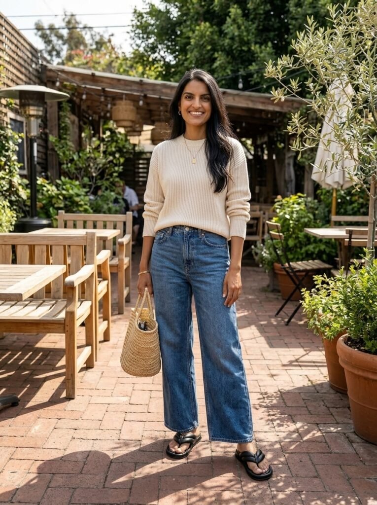 Puffy Flip Flops With Relaxed Denim