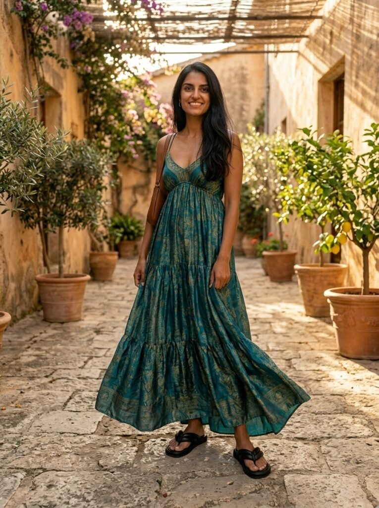 Puffy Flip Flops With a Flowy Maxi Dress