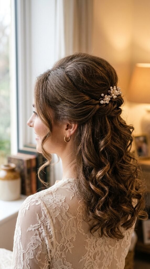 Romantic Half-Up Curls with Braided Crown Hairstyle