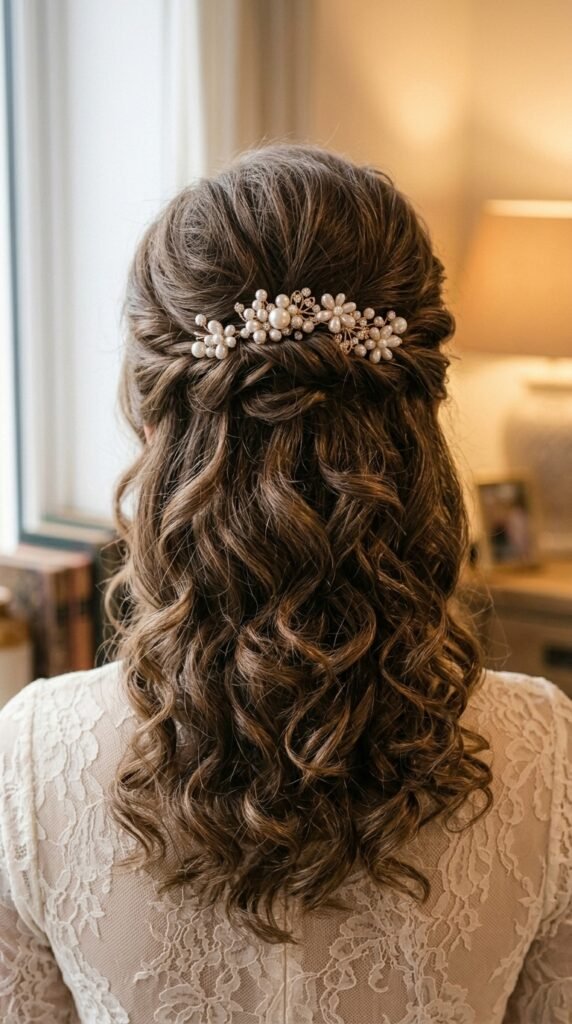 Romantic Half-Up Curls with Pearl Clips Hairstyle