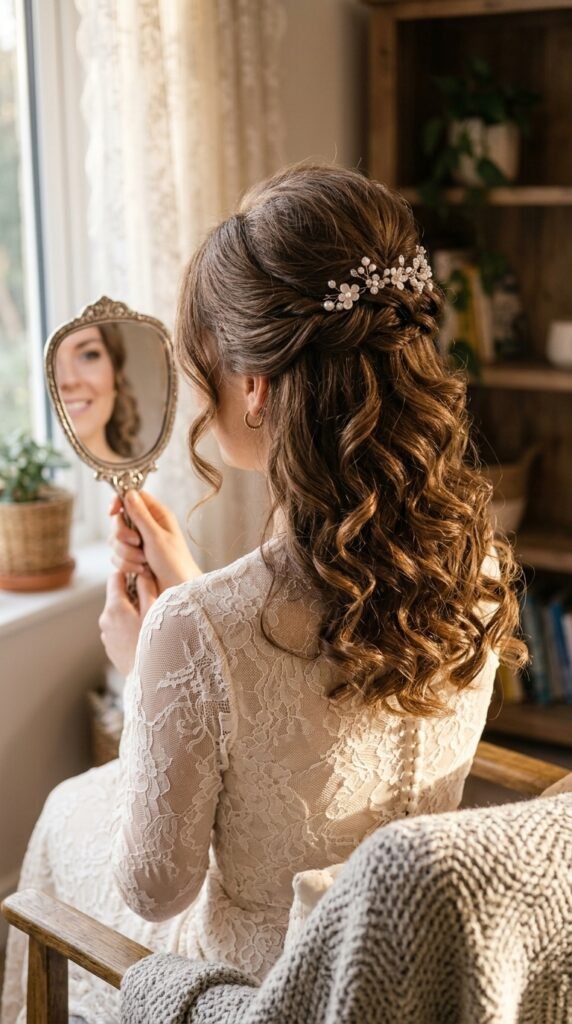 Romantic Half-Up Curls with Volume at the Crown Hairstyle
