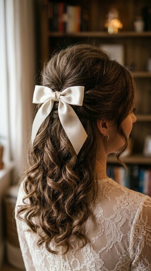 Romantic Half-Up Curls with a Satin Bow Hairstyle