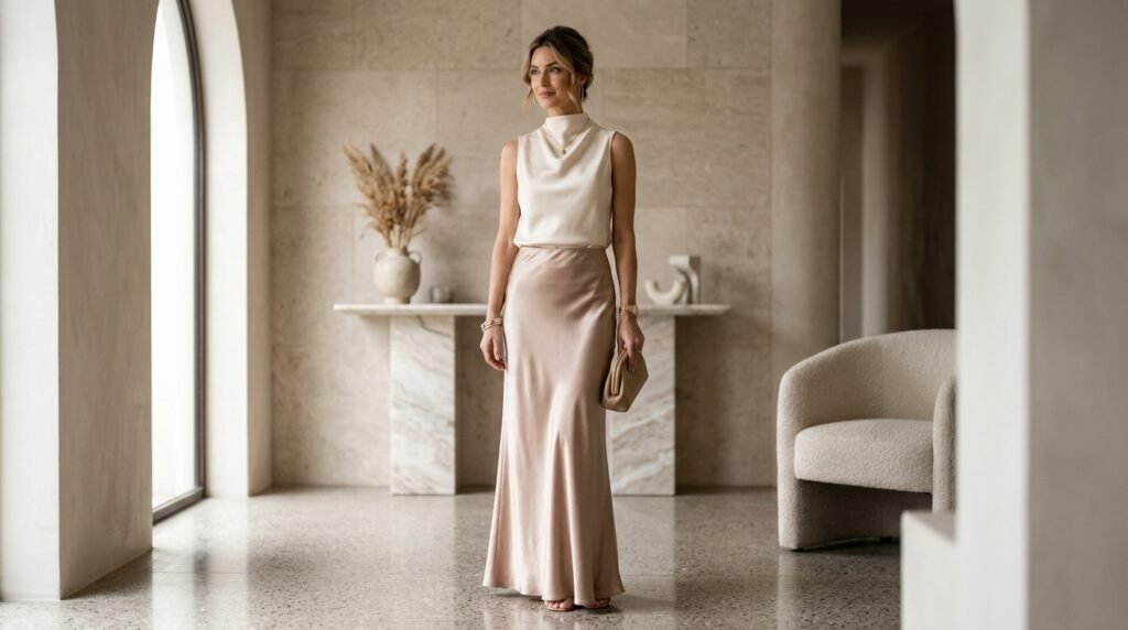 Satin Maxi Skirt with a Sleeveless Blouse