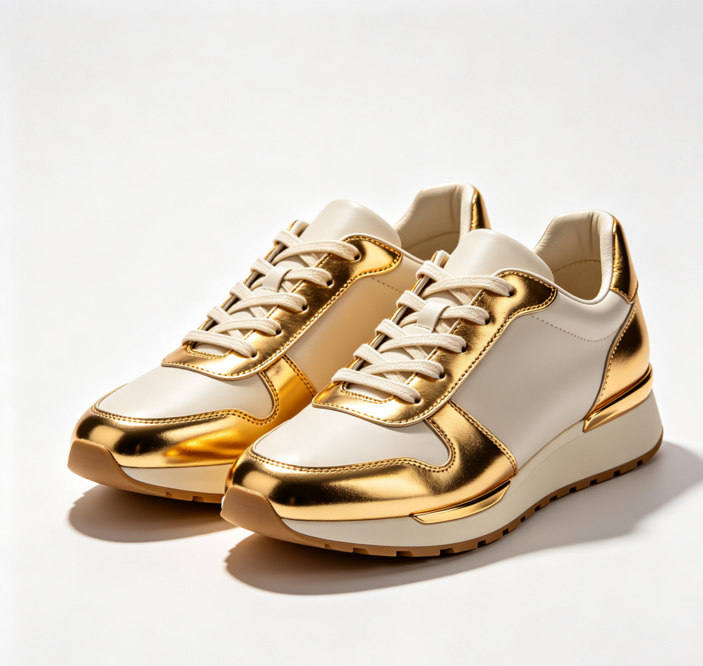 Shiny-Metallic-Gold-Trim-Trainers.
