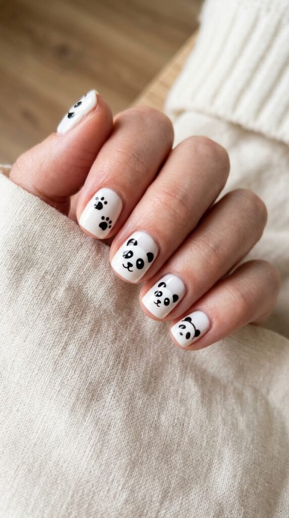 Short Cute Panda Face Nails Art
