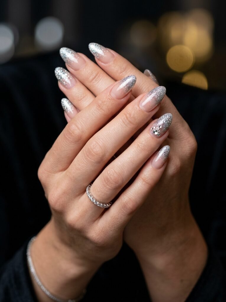 Silver Sparkle Ombre Nails
