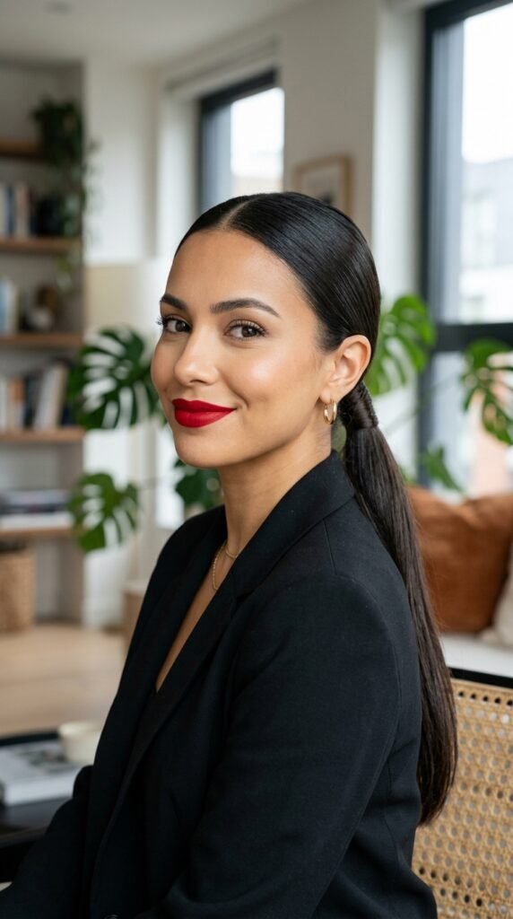 Sleek Low Ponytail with Red Lip Magic Hairstyle