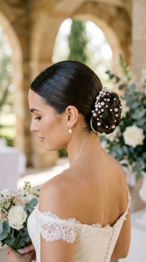 Sleek Middle Part Bridal Bun With Pearls Hairstyle