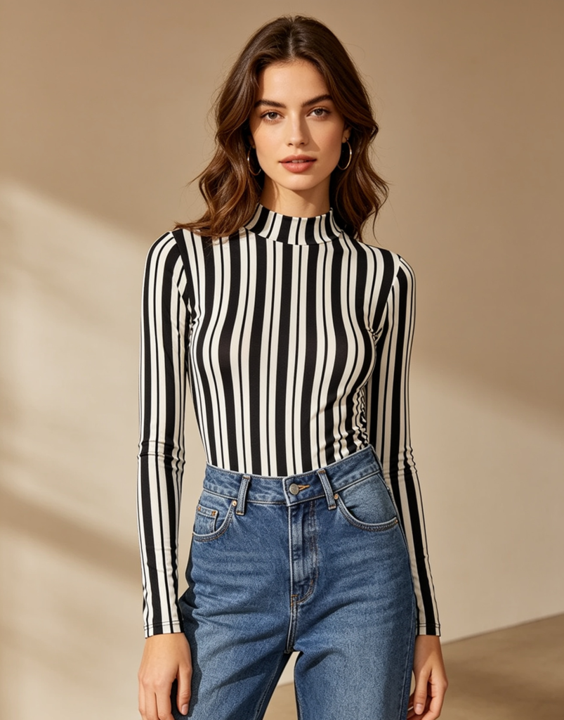  Sleek Striped Bodysuit and High-Waisted Mom Jeans