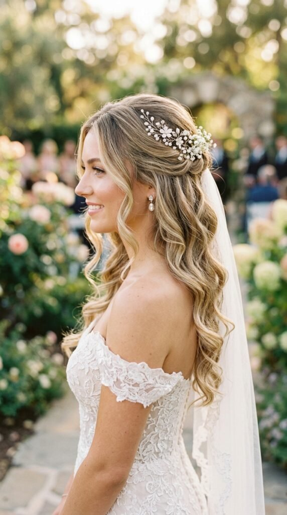 Soft Curled Half Up Bridal Glow Hairstyle