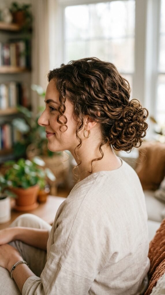 Soft Curly Brunette Bun Hairstyle