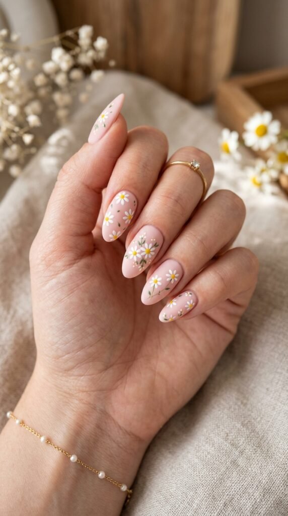 Soft Pink Daisy Nails Art