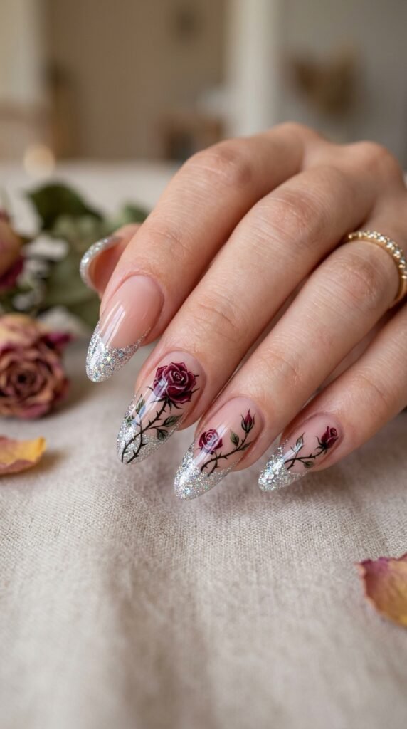 Soft Pink Thorny Rose French Tips Nail Art