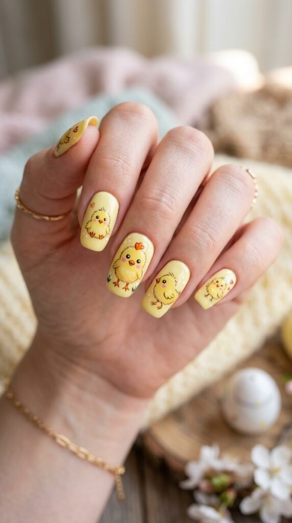 Soft Yellow Baby Chick Nails Art