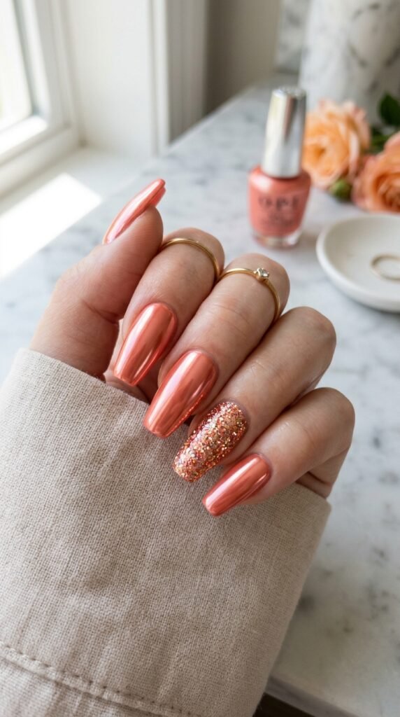 The Accent Glitter Coral Chrome Nail Art