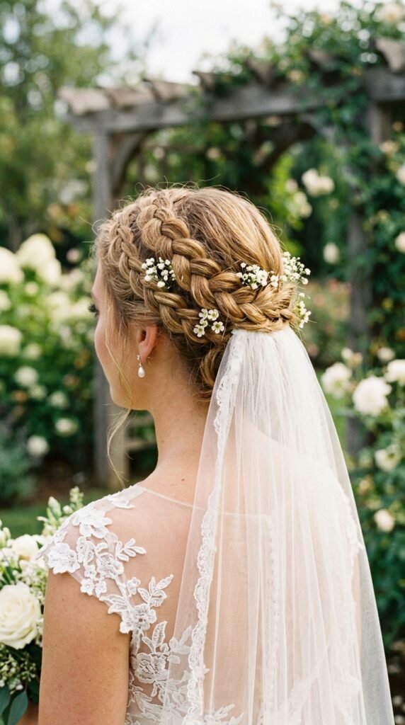 The Double Braided Crown with Veil Hairstyle