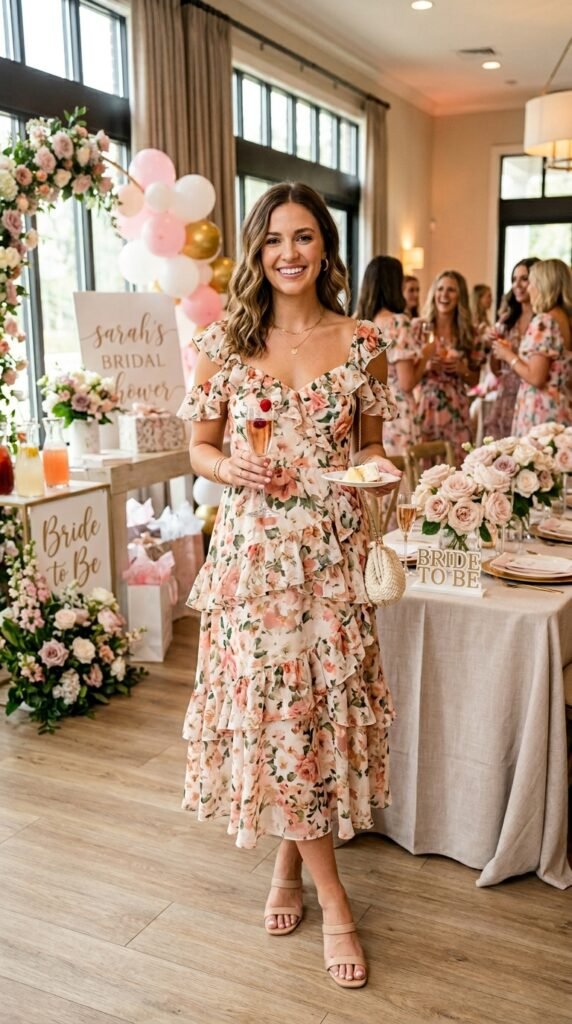 The-Floral-Chiffon-Ruffle-Dress-Bridal-Shower-Outfit-Idea