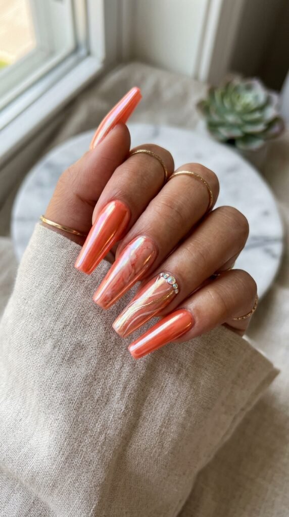 The Glazed Coffin Coral Chrome Nail Art