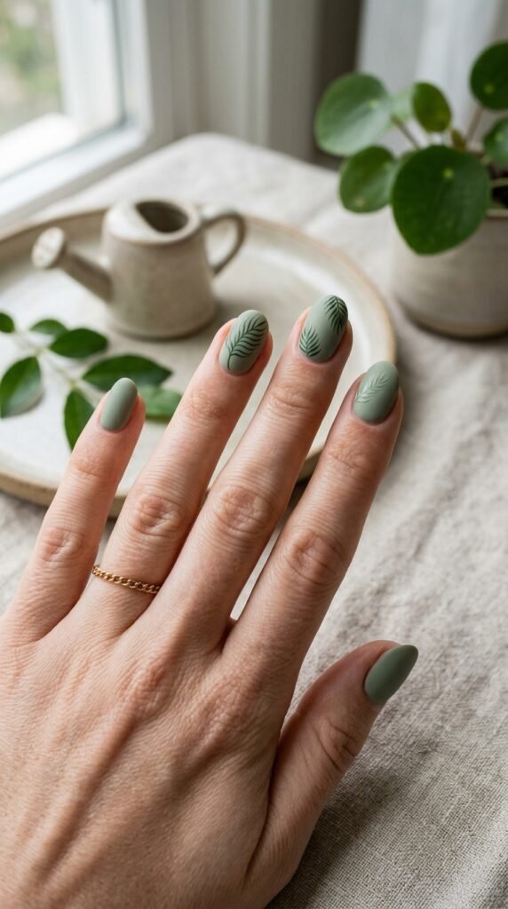 The Matte Sage Minimalist Palm Nail Art