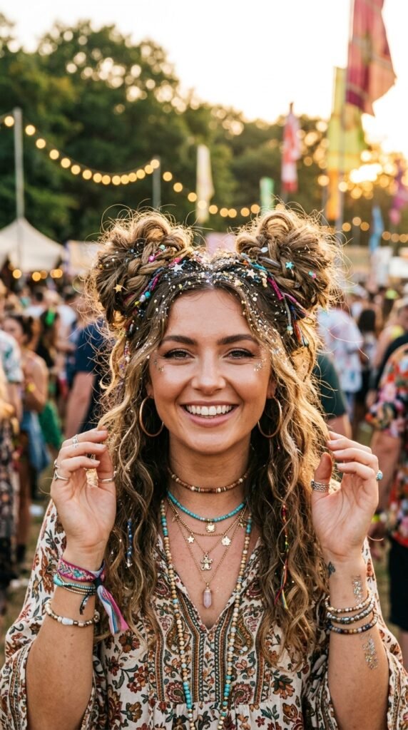 The Messy Boho Glitter Buns