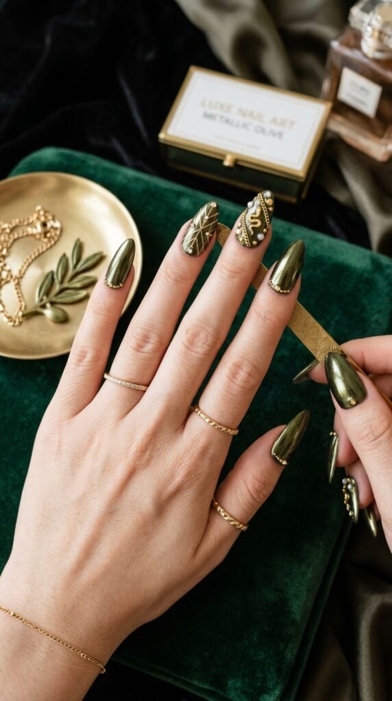 The Metallic Olive Luxury Press-Ons Nail Art