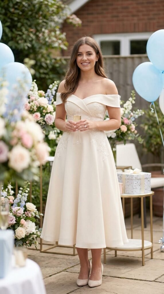 The-Off-Shoulder-Midi-Dress-Bridal-Shower-Outfit-Idea