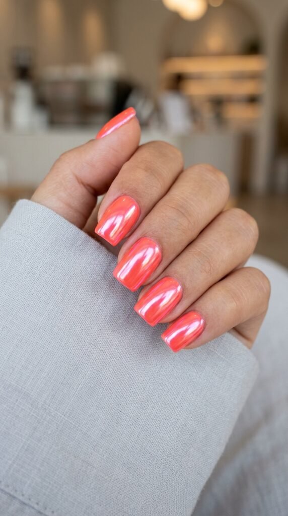 The Short Square Neon Coral Chrome Nail Art