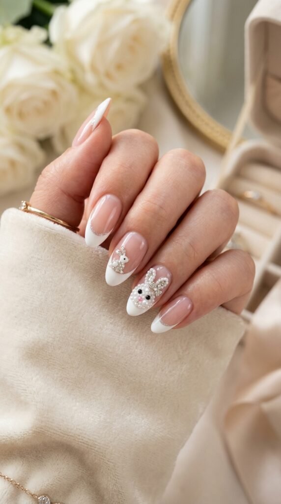 White Bunny Glam French Tips Nail Art
