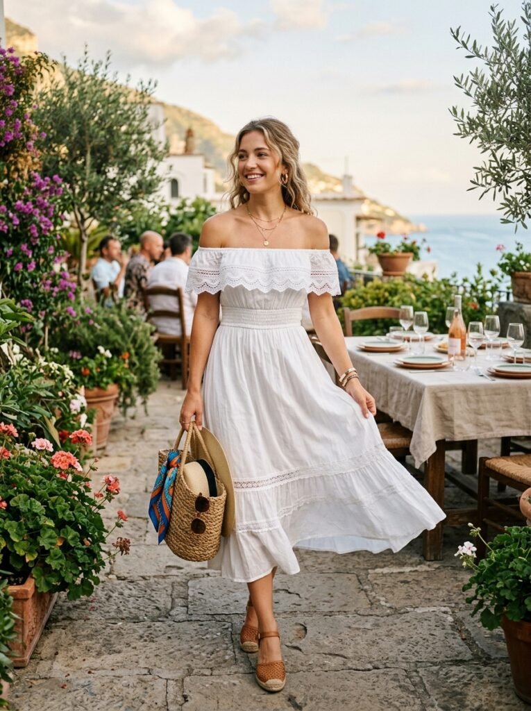 White Off-Shoulder Boho Midi Dress