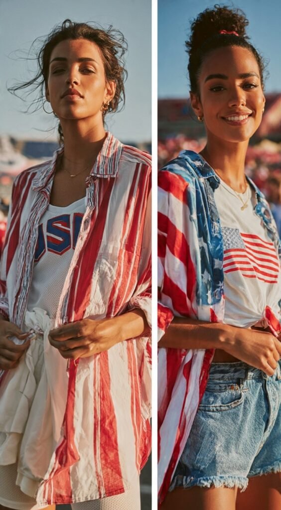World-Cup-Outfits-For-Women-Ideas-Casual-Button-Down-Shirts-Over-Sports-Bras

