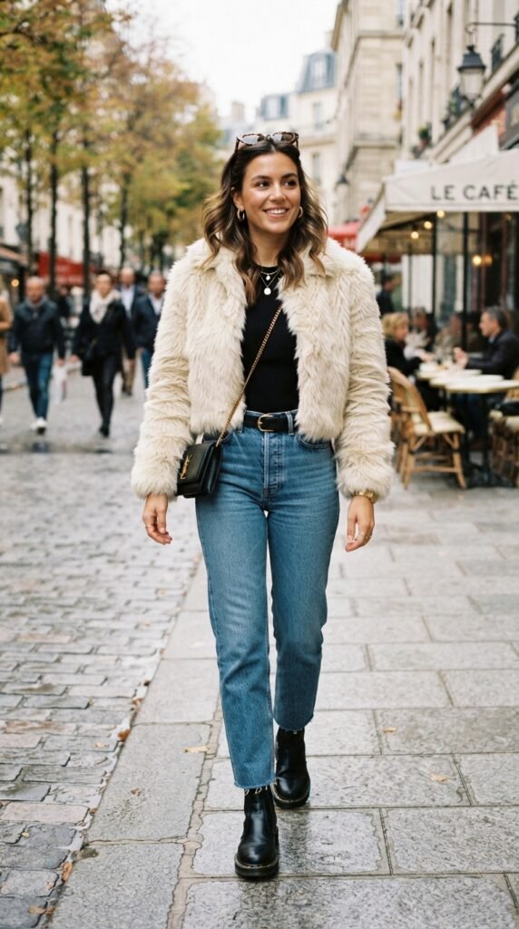 Cream Cropped Faux Fur Jacket Outfit with High-Waisted Denim