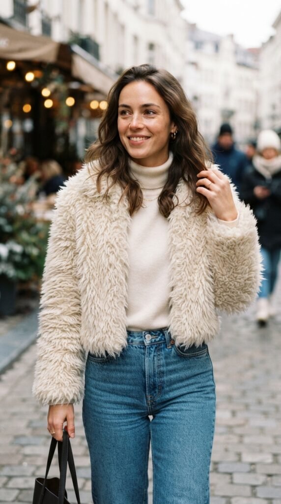 Cream Cropped Shaggy Jacket Outfit Ideas Stylish Looks Hairstyle