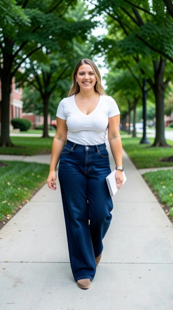 Leg Jeans and Fitted V-Neck Top College Outfit