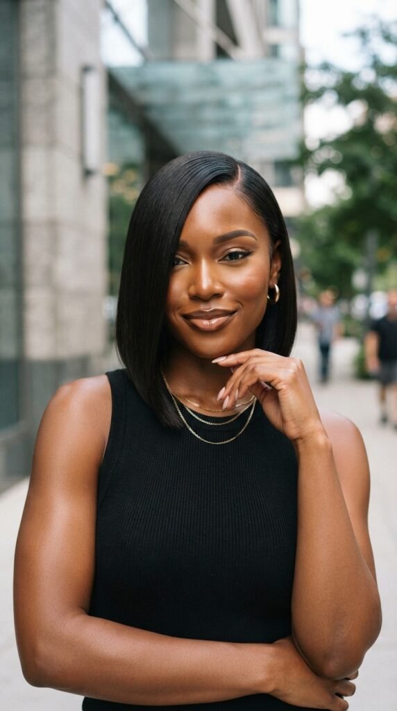 Sleek Bone-Straight Bob Side Part Hairstyles Black Women Idea